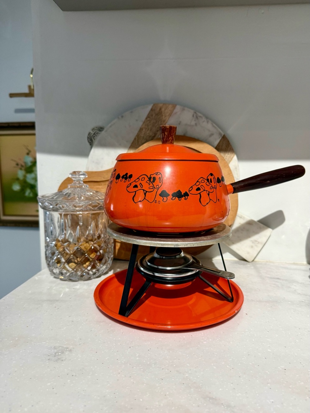Vintage 1970’s Retro Enamel Steel Mushroom Fondue Pot